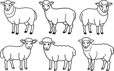 Set of sheep outline vector illustration line art
