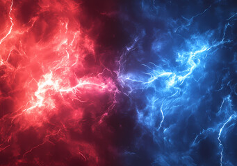 Naklejka premium Fiery and Icy Collision: A dramatic abstract scene of a fiery red nebula clashing with a glacial blue counterpart, creating a sense of explosive energy and cosmic beauty.