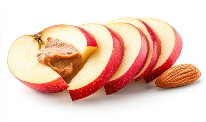 Sliced Apples with Almond and Peanut Butter Spread on a White Background, Perfect for Healthy Snacking and Delicious Food Photography