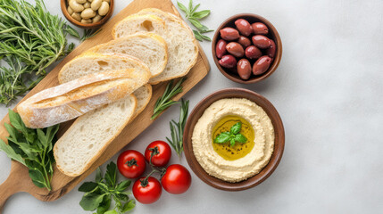 Fresh bread, olives, tomatoes, and hummus create delightful Mediterranean spread