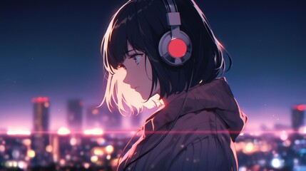 Anime school girl backgroung listening music
