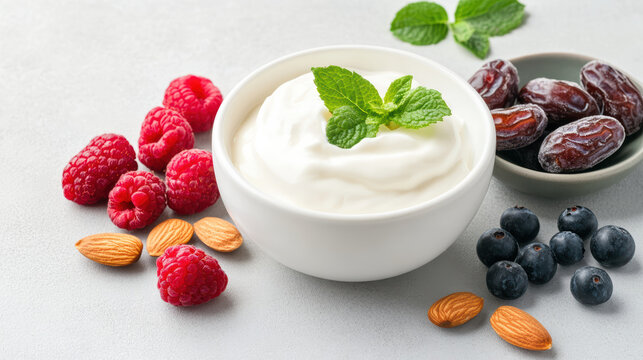 Creamy yogurt with fresh berries and nuts creates healthy snack option
