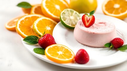 "Close-Up of Fresh Citrus & Strawberry Mousse Desserts on White Plate"