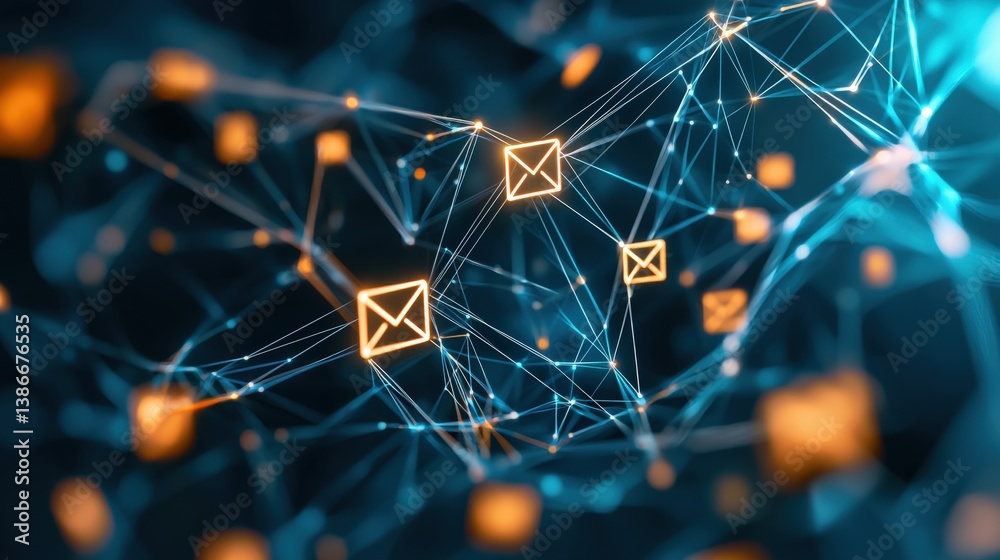 Poster a surreal visual of email data flowing across interconnected nodes in a network