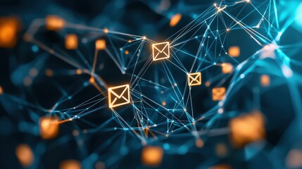 A surreal visual of email data flowing across interconnected nodes in a network