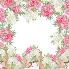 Watercolor square frame with copy space. Pink and milk peony summer flower in beige envelope on white background. Hand-drawn floral plant. Art for wedding invite celebration card. Wallpaper.