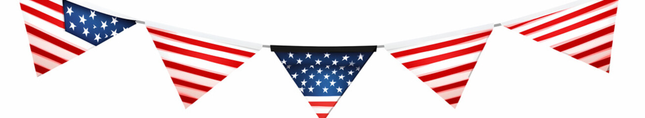 Fototapeta premium Patriotic Bunting: The scene presents a string of triangular flags, each displaying the iconic red and white stripes and the field of blue stars, arranged in a vibrant display.