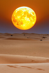 Golden Full Moon Rising Over Serene Desert Dunes at Twilight, Dreamlike Landscape with Soft Sand Patterns and Orange Glow Creating a Peaceful and Mysterious Natural Scene