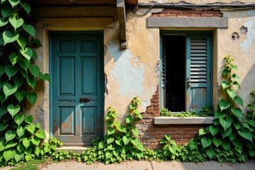 Crumbling facade with vines crawling up the walls and broken shutters , neglect, crumbling stones