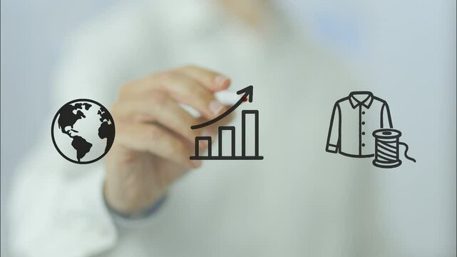Businessman highlighting the impact of tariffs on the textile industry, drawing a rising graph and then crossing it out on a transparent board, symbolizing decreasing growth due to import taxes