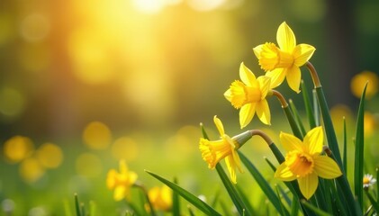 Obraz premium Daffodils and daisies unfolding in the warm sunlight, daisy, daffodil