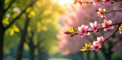 Obraz premium Dappled light filters through trees as budding branches burst forth with colorful flowers in early spring , natural beauty, tree buds