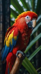 Obraz premium Vibrant Scarlet Macaw Perched in Lush Tropical Rainforest Environment Portrait