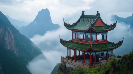 Naklejka premium majestic Chinese pavilion on a mountain peak, with architectural details like curved roofs and red pillars, surrounded by misty clouds and tall mountains.