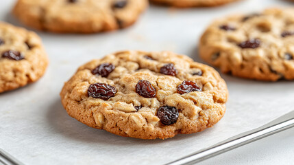 Oatmeal raisin cookies are freshly baked, showcasing golden brown color and chewy texture