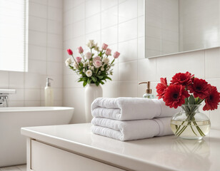 Empty space on white tabletop with towels, shampoo bottle and flower vase over blurred background of a luxury white bathroom. 3d render, 3d illustration