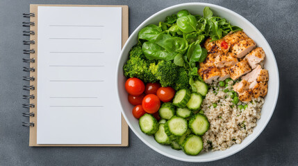 Healthy meal prep with chicken, vegetables, and grains alongside meal planning notebook