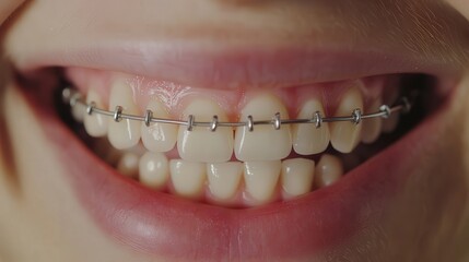 Obraz premium person smiling with braces, showing their white teeth behind the orthodontic wires.