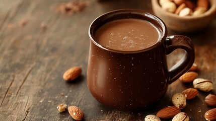 Fototapeta premium Warm chocolate drink in a brown mug, surrounded by almonds and cocoa powder on a rustic wooden table.