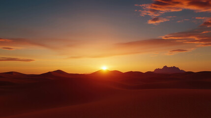 Fototapeta premium Golden Sunset Over the Serene Desert Landscape with Vibrant Sky and Soft Rolling Dunes