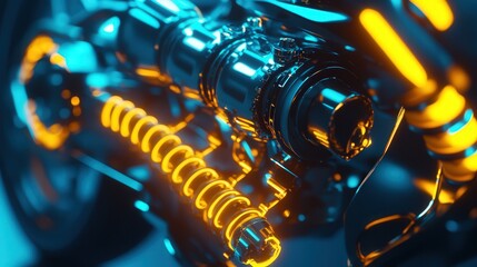 sports big bike futuristic suspension system, with glowing elements highlighting its advanced features.