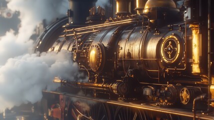 vintage steam locomotive, focusing on the mechanical complexity of its wheels, pipes, and the dramatic plumes of steam rising from the engine as it begins to move.