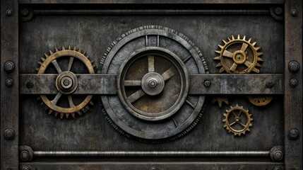 A steampunk-themed BI interface with rotating gears and mechanical data visualizations