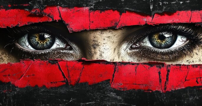 Striking Close-Up of Human Eyes with Torn Red and Black Paper Strips Urban Grunge Art