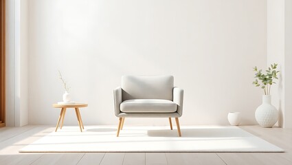 "Minimalist Canvas Mockup with Armchair and Rustic Decor – 3D Render"