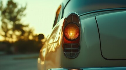 white rear lamp on an old vintage car. The classic design of the lamp contrasts with the antique features of the vehicle, creating a nostalgic and timeless vibe