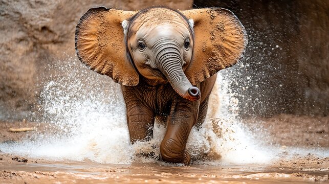 Playful Young Elephant Splashing in Mud