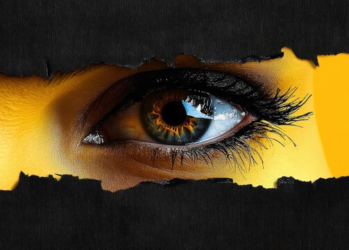 Surreal Eye Art Collage Black Paper Yellow Background Dramatic Close-Up Abstract Aesthetic Experimental Grunge