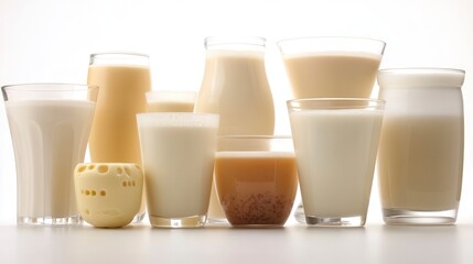 Assortment of various milk types in glasses and bottles.