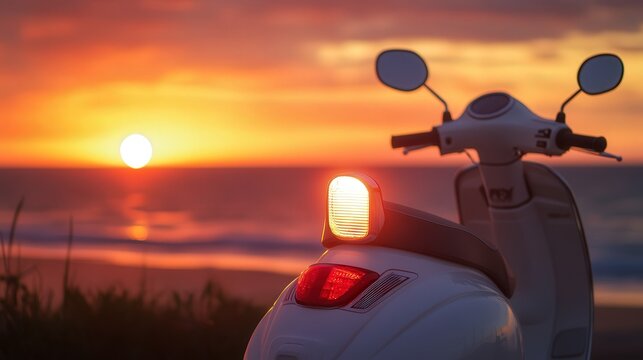white rear lamp on a scooter parked by the beach at sunset. The soft white light casts a gentle glow, blending perfectly with the orange hues of the sky.