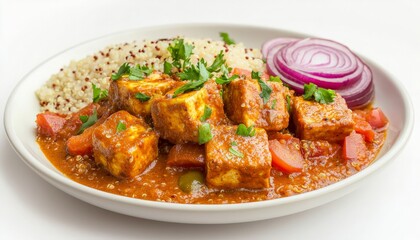 Fototapeta premium Spicy Paneer Curry with Quinoa and Red Onion Garnish in a White Bowl - Ideal for Culinary Blogs or Recipe Cards
