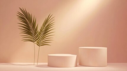 Empty display podiums with palm fronds, studio shot