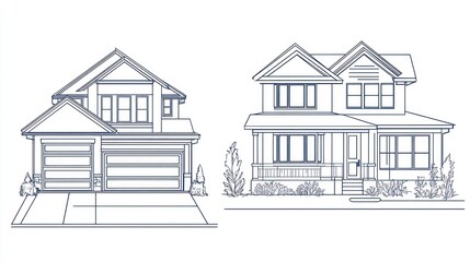 Two-story house blueprints.  Front elevation views of two modern-style homes.  One is more traditional style and one has a more contemporary look