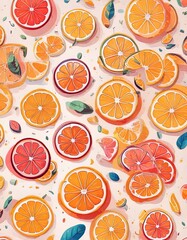 A vibrant and refreshing top-down view of freshly sliced oranges arranged closely together, showcasing their juicy texture, bright color, and natural patterns with scattered water droplets
