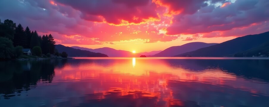 Vibrant sunset colors reflected on peaceful lake surface, landscape, reflection