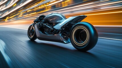 futuristic sports bike tearing down a high-speed racetrack.