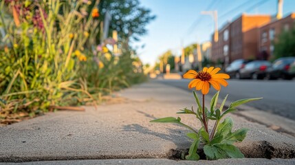 wildflower sprouting in the middle of a roadside path. Its vivid petals break through the concrete, creating a beautiful and unexpected sight in the heart of the city.