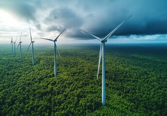 Wind Turbines in Green Landscape with Clear Sky and Forest