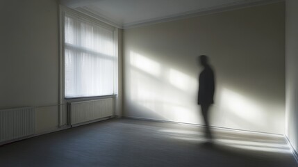 Shadowy figure stands in empty room with bright window light.