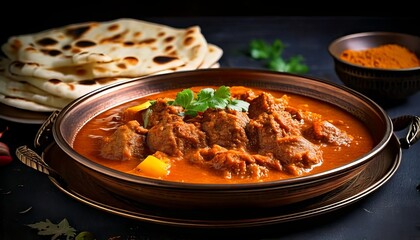 Indian Butter Chicken Curry with Naan Bread on Copper Tray

