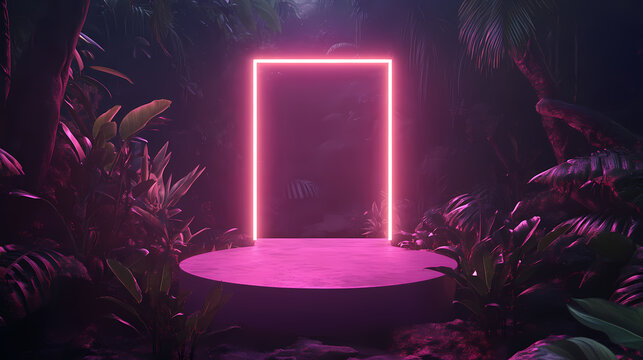 Neon Portal to Mystery: An illuminated neon rectangle glows, nestled amid lush jungle foliage. Mysterious light creates an enigmatic invitation.