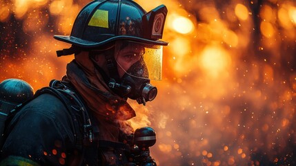 Firefighter braves smoke-filled scene, determined search in dramatic light, blurred haze behind. Courage in the face of danger.