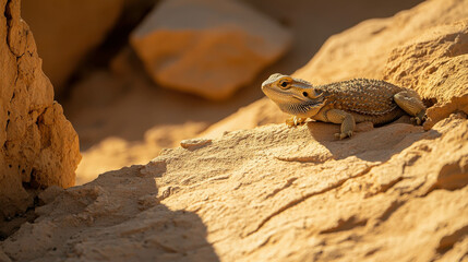 Sunbathing Bearded Dragon on Rock Surface in Natural Desert Environment Under Warm Light