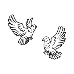 Two doves in flight, drawn with intricate feather details.
