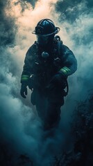 Firefighter braves smoke-filled scene, determined search in dramatic light, blurred haze behind. Courage in the face of danger.