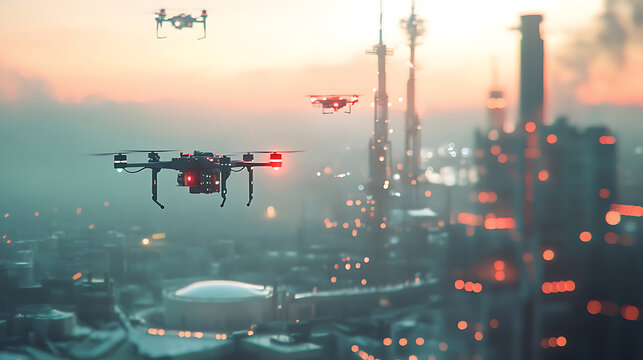 A drone fleet monitoring air pollution levels, a futuristic environmental research station with AI-driven climate analytics, High-tech style